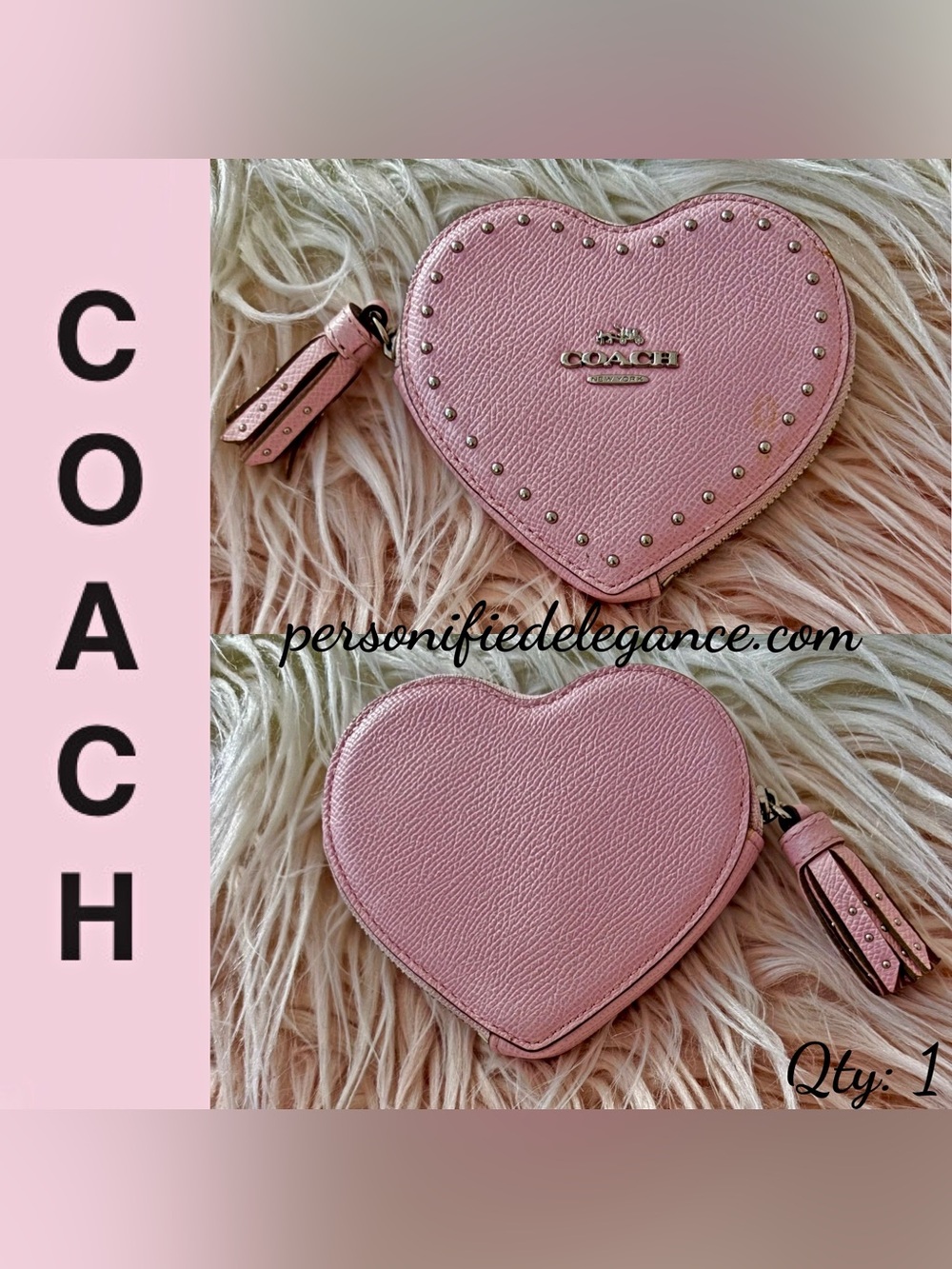 RARE Coach Pink Studded Leather Heart Shaped Tassel Coin Purse Pouch Wallet HTF